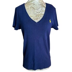 Ralph Lauren Women's 100% Cotton Navy V-Neck Tee Luxury Yellow Logo Large